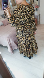 Marlin Camel Leopard Printed Tie Waist Tiered Maxi Dress