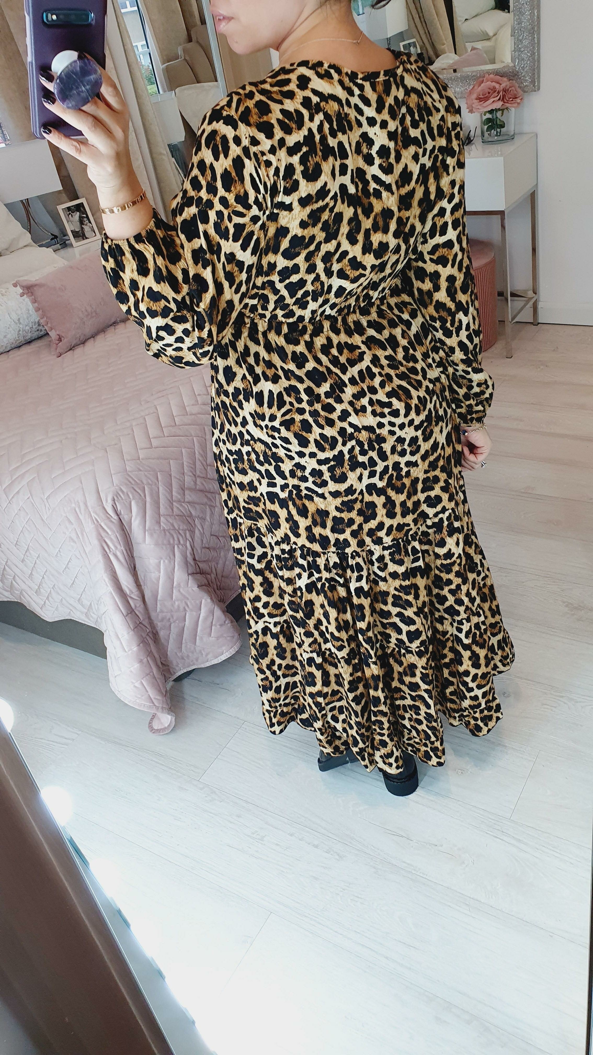 Marlin Camel Leopard Printed Tie Waist Tiered Maxi Dress