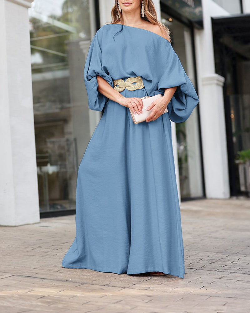 2 Pieces Outfit Turn-down Coll  Long Sleeve Button Front Satin  Shirt and Casual Vintage Floral  Print Elastic Back Waist Wide Leg  Pants Set without Belt