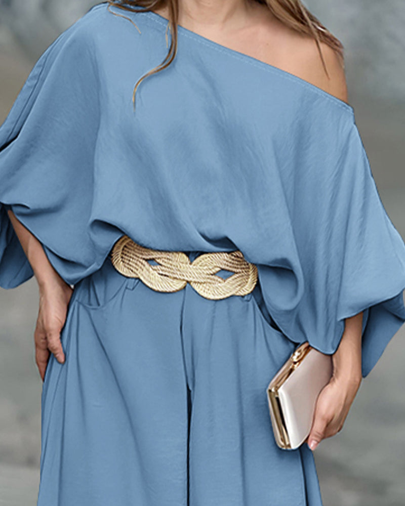 2 Pieces Outfit Turn-down Coll  Long Sleeve Button Front Satin  Shirt and Casual Vintage Floral  Print Elastic Back Waist Wide Leg  Pants Set without Belt