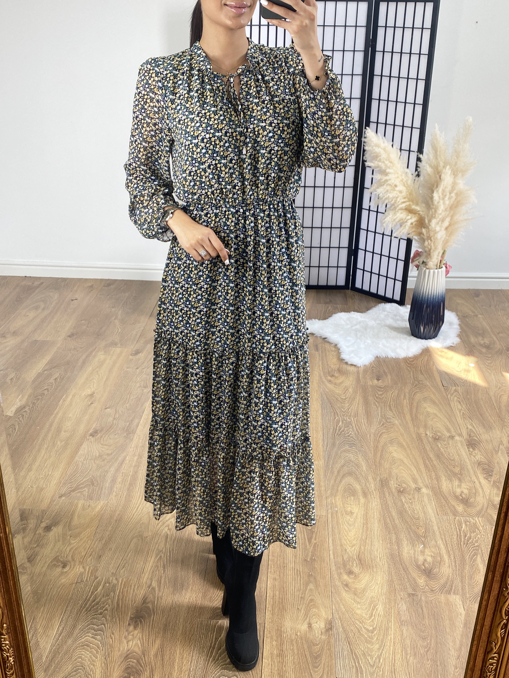 Mimosa Ditsy Floral Print Tiered Hem Maxi Dress