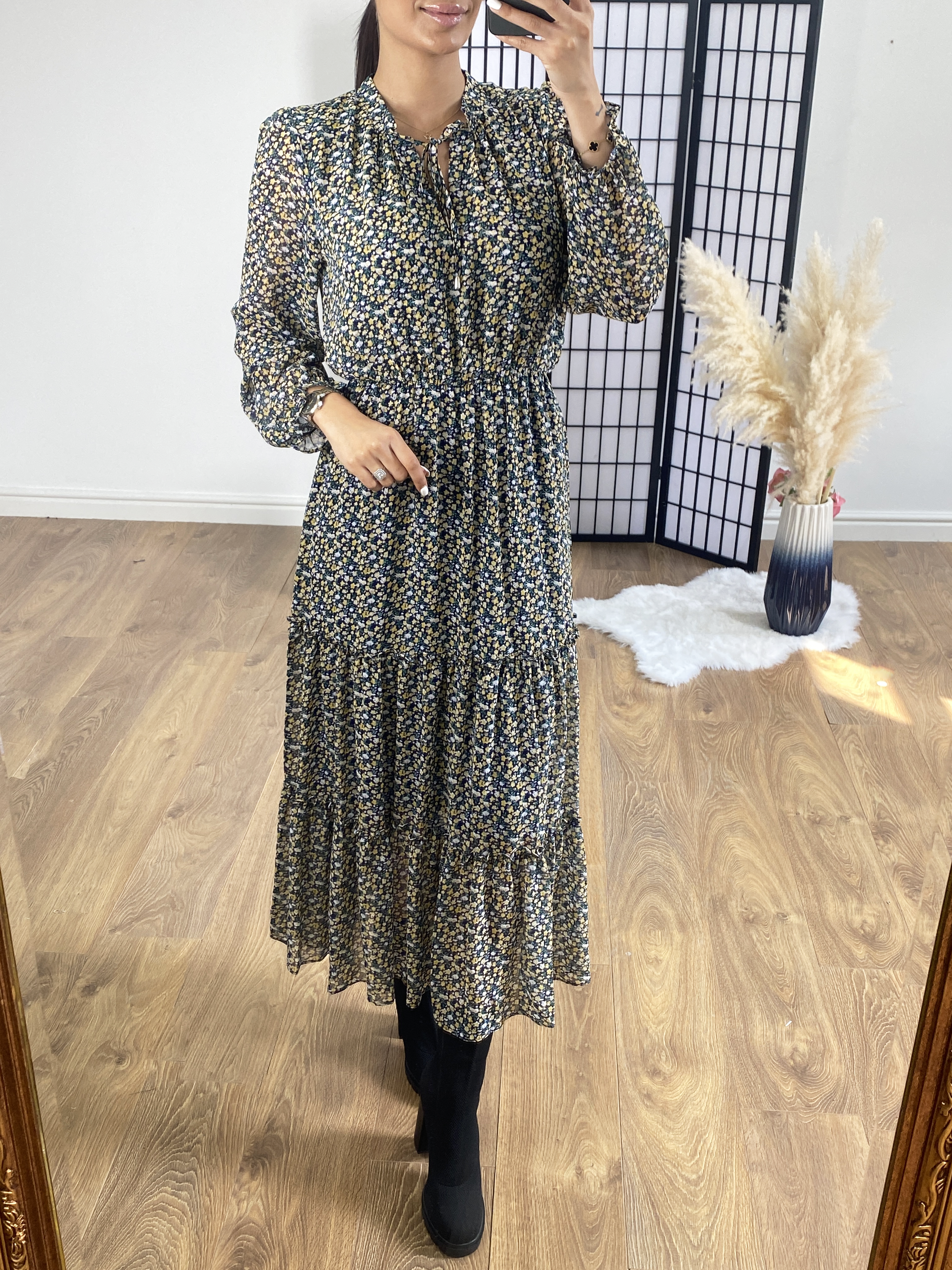 Mimosa Ditsy Floral Print Tiered Hem Maxi Dress