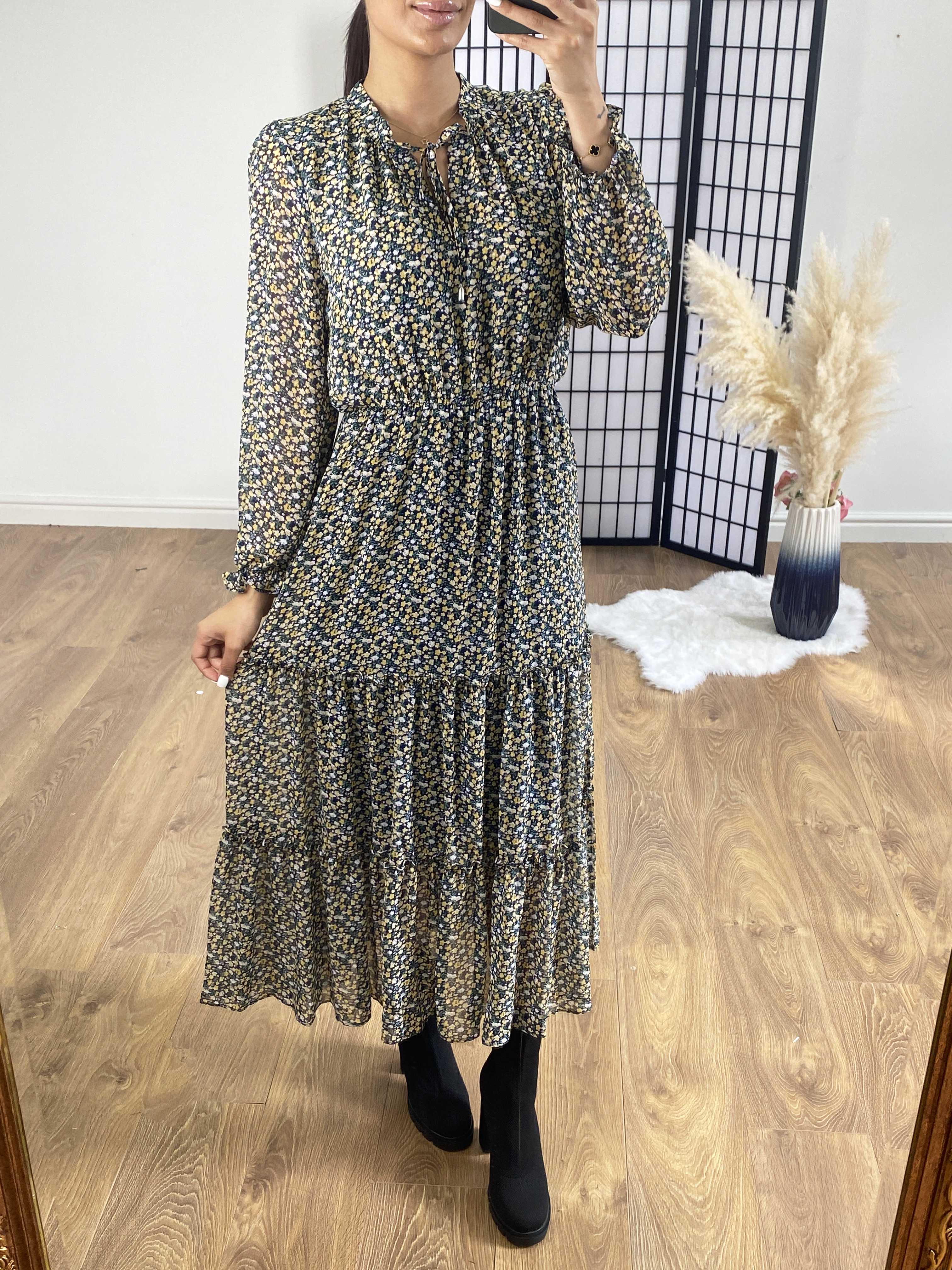 Mimosa Ditsy Floral Print Tiered Hem Maxi Dress