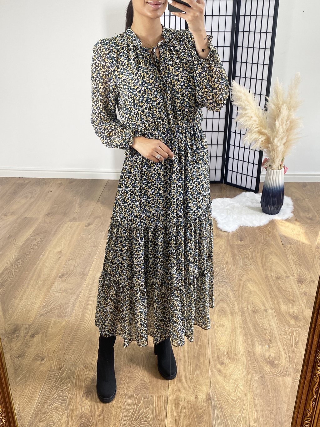 Mimosa Ditsy Floral Print Tiered Hem Maxi Dress