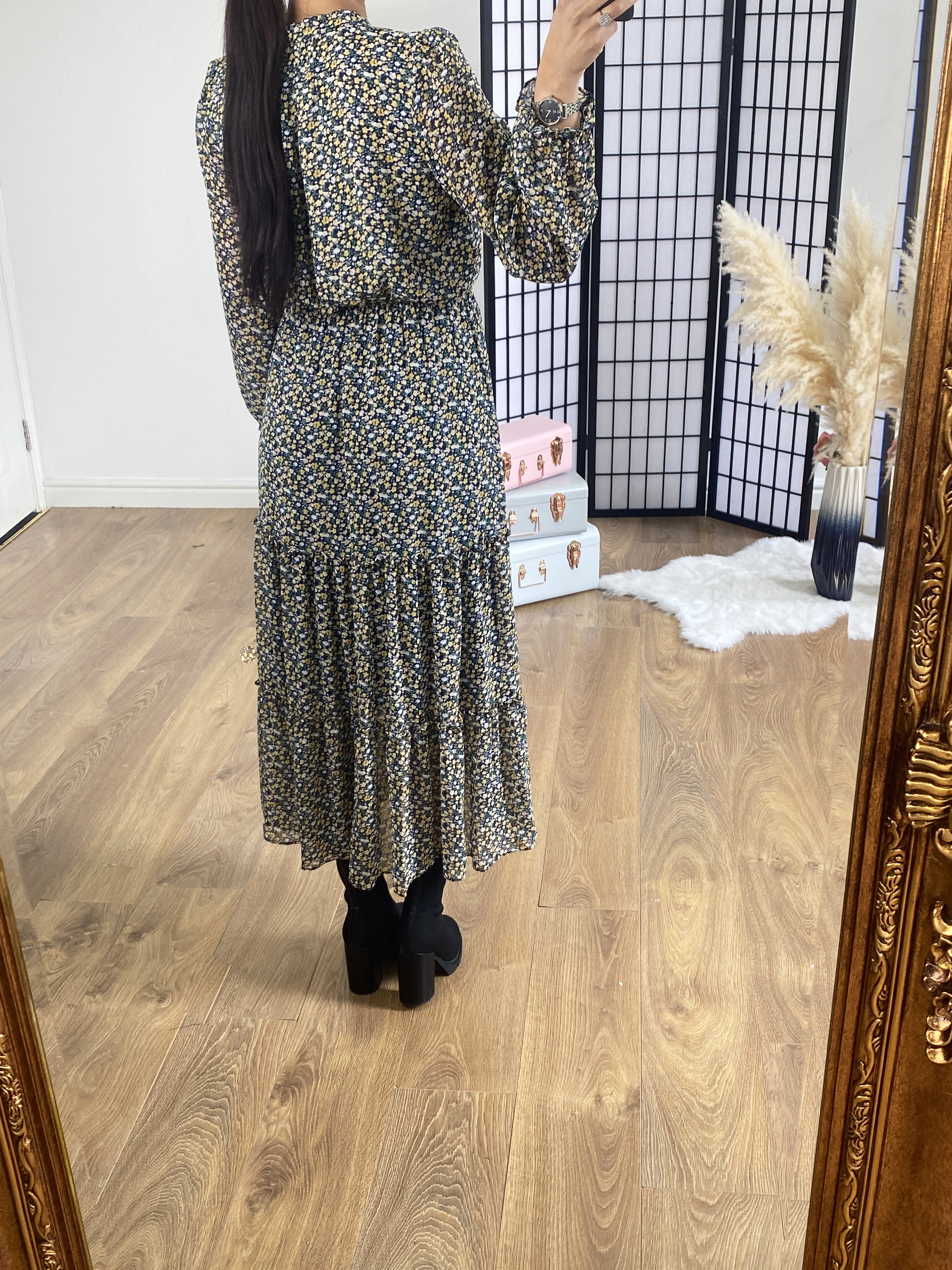 Mimosa Ditsy Floral Print Tiered Hem Maxi Dress