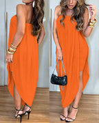Women's Faux Two-Piece Dress Strapless Tube Dress Ruched Asymmetric Hem Dress with Detachable Clear Straps