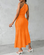 Halter Tie Criss Cross Front Knit Jacquard Textured Slit Dress Casual Hollow-out Draped Vacation Dress