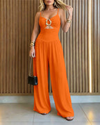 Women's Gold Ring Hollow Out Wide Leg Jumpsuit Backless Adjustable Strap Romper Elegant Party Jumpsuit