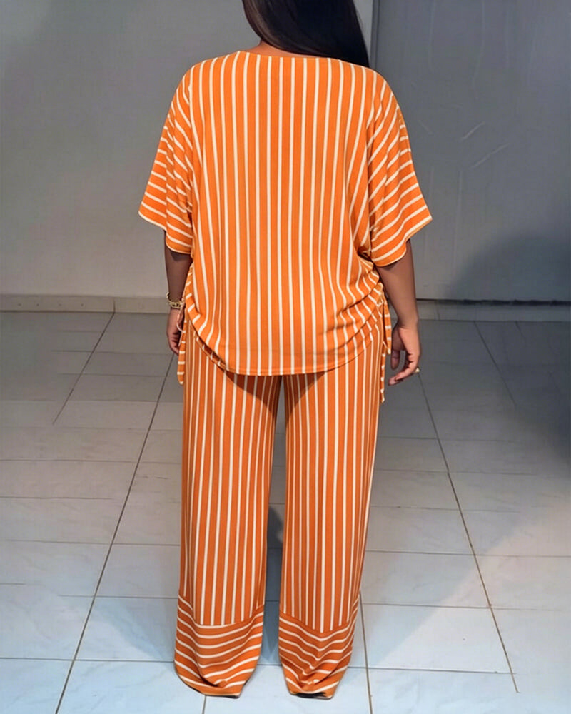 Women's Striped 2 Piece Outfits V Neck Short Sleeve Drawstring Top and Wide Leg Pants Set with Pockets
