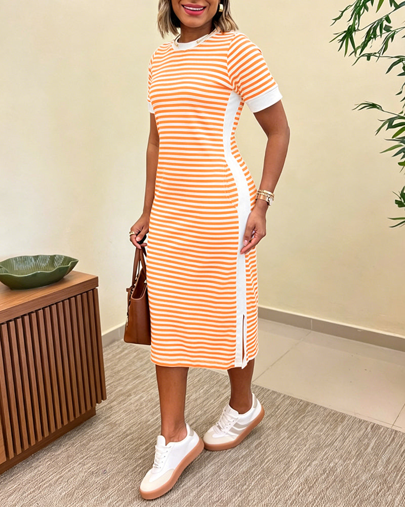 Women's Striped Colorblock Midi T-Shirt Dress Casual Crew Neck Waist-Cinching Slit Dress with Pockets