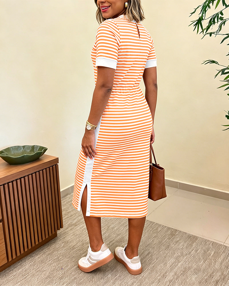 Women's Striped Colorblock Midi T-Shirt Dress Casual Crew Neck Waist-Cinching Slit Dress with Pockets