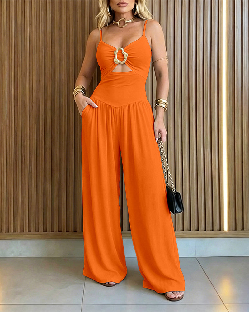 Women's Gold Ring Hollow Out Wide Leg Jumpsuit Backless Adjustable Strap Romper Elegant Party Jumpsuit