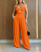 Women's Gold Ring Hollow Out Wide Leg Jumpsuit Backless Adjustable Strap Romper Elegant Party Jumpsuit