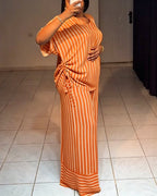 Women's Striped 2 Piece Outfits V Neck Short Sleeve Drawstring Top and Wide Leg Pants Set with Pockets