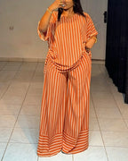 Women's Striped 2 Piece Outfits V Neck Short Sleeve Drawstring Top and Wide Leg Pants Set with Pockets