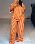 Women's Striped 2 Piece Outfits V Neck Short Sleeve Drawstring Top and Wide Leg Pants Set with Pockets