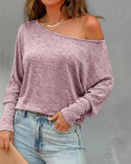 Women's Convertible Shoulder Batwing Sleeve Top Long Sleeve Loose Fit Casual Knit Tee