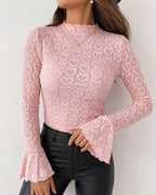 CHICME Women's Heart Jacquard Knit Top Mock Neck Long Sleeve Flare Cuff Slim Fit Blouse with Frill Trim and Hollow-out Details