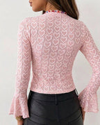 CHICME Women's Heart Jacquard Knit Top Mock Neck Long Sleeve Flare Cuff Slim Fit Blouse with Frill Trim and Hollow-out Details