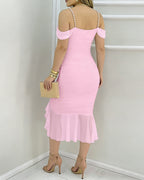 Women's Off Shoulder Mesh Dress Pearl Strap Ruched Bodycon Dress Ruffle Hem Slit Evening Party Dress