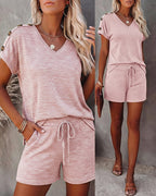 Women's V Neck Short Sleeve Top and Drawstring Shorts Set Casual Loose Fit Loungewear Two Piece Outfit with Pockets