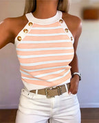 Striped Halter Sleeveless Tank Causal Golden Button Decor Breathable Knit Top