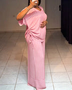 Women's Striped 2 Piece Outfits V Neck Short Sleeve Drawstring Top and Wide Leg Pants Set with Pockets