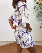 Starfish & Seashell Print Overlap V Neck Half Sleeve Wrap Knot Side Romper Casual Stretchy Back Waist Vacation Romper