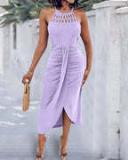 Halter Tie Criss Cross Front Knit Jacquard Textured Slit Dress Casual Hollow-out Draped Vacation Dress