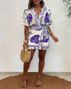 Starfish & Seashell Print Overlap V Neck Half Sleeve Wrap Knot Side Romper Casual Stretchy Back Waist Vacation Romper