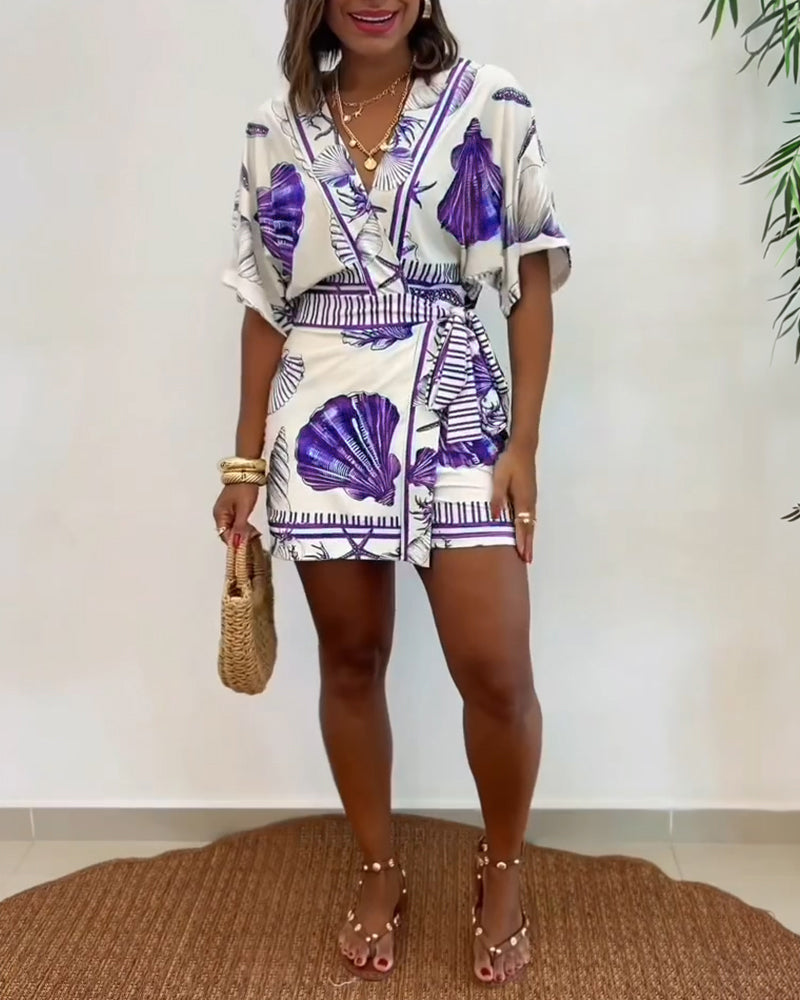 Starfish & Seashell Print Overlap V Neck Half Sleeve Wrap Knot Side Romper Casual Stretchy Back Waist Vacation Romper