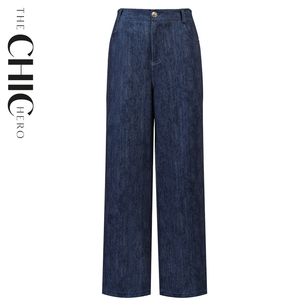 Dark Blue High-Waisted Light Wash Wide-Leg Denim Pants