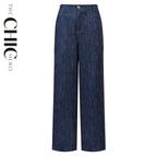 Dark Blue High-Waisted Light Wash Wide-Leg Denim Pants