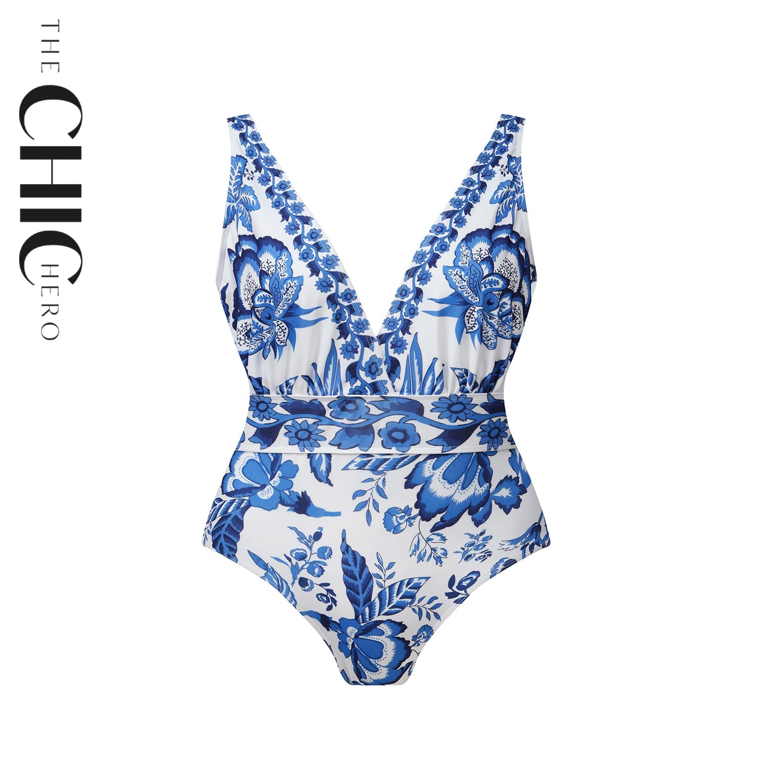 Chic Indigo Botanical Print One-Piece Swimsuit
