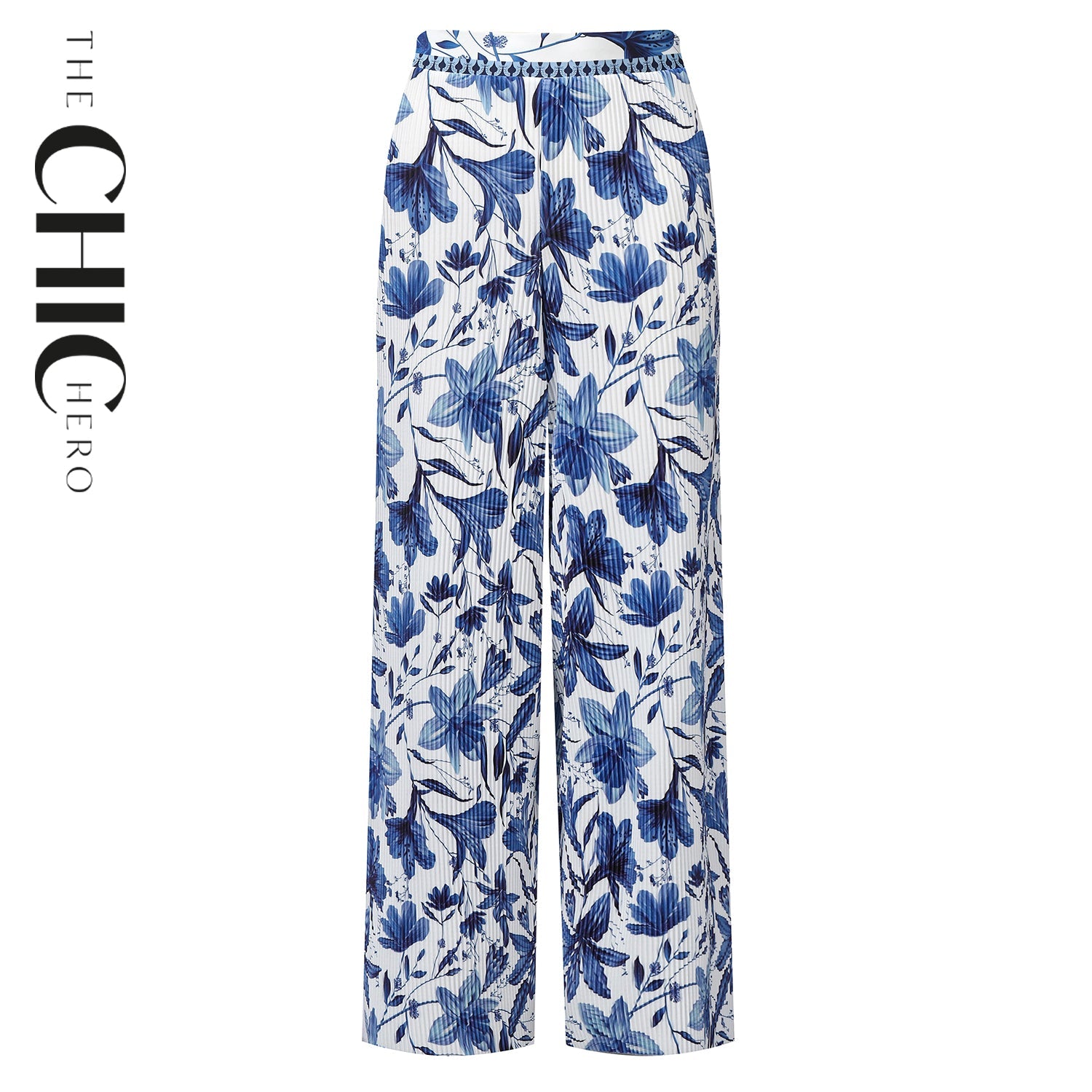 Boho Breeze Blue Floral Wide-Leg Trousers Palazzo Pants CORE(0XL-XL)