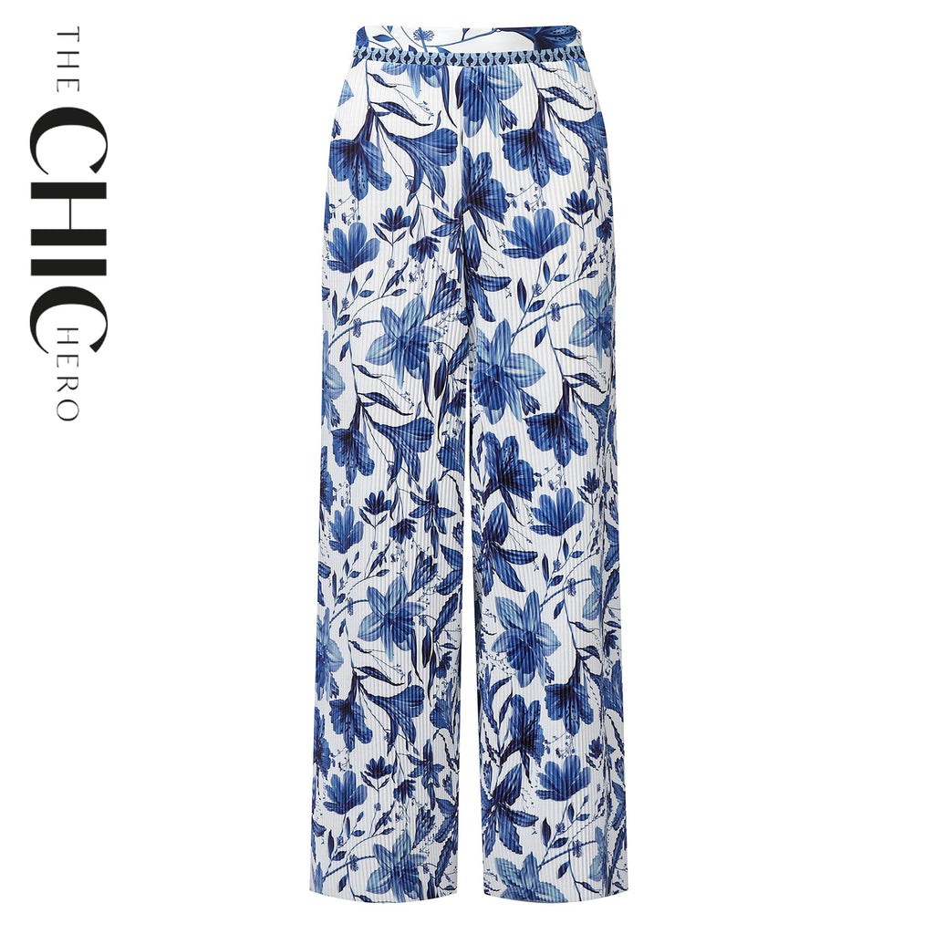 Boho Breeze Blue Floral Wide-Leg Trousers Palazzo Pants XPLUS(4XL-5XL)