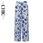 Boho Breeze Blue Floral Wide-Leg Trousers Palazzo Pants PLUS(2XL-3XL)