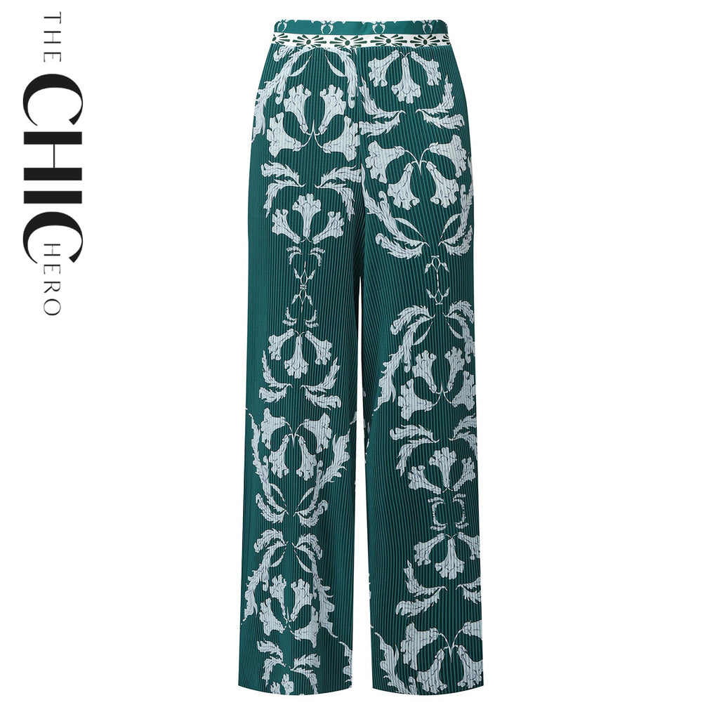 Green Flowy High-Waisted Floral Palazzo Pants Wide-Leg Trousers