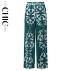 Green Flowy High-Waisted Floral Palazzo Pants Wide-Leg Trousers
