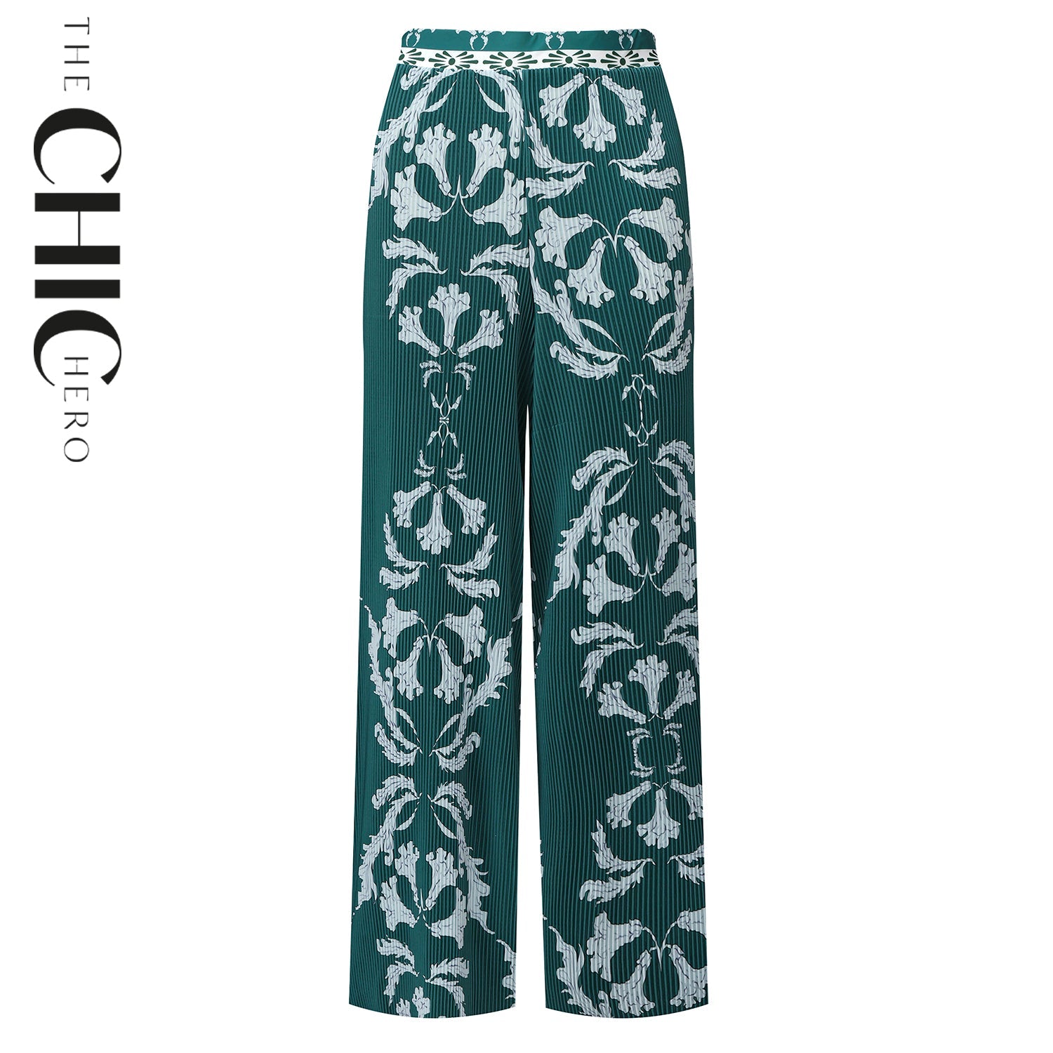 Green Flowy High-Waisted Floral Palazzo Pants Wide-Leg Trousers