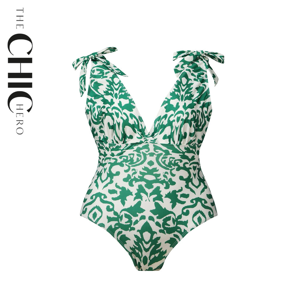 Green Boho Breeze Floral Tie-shoulder One Piece Swimsuit