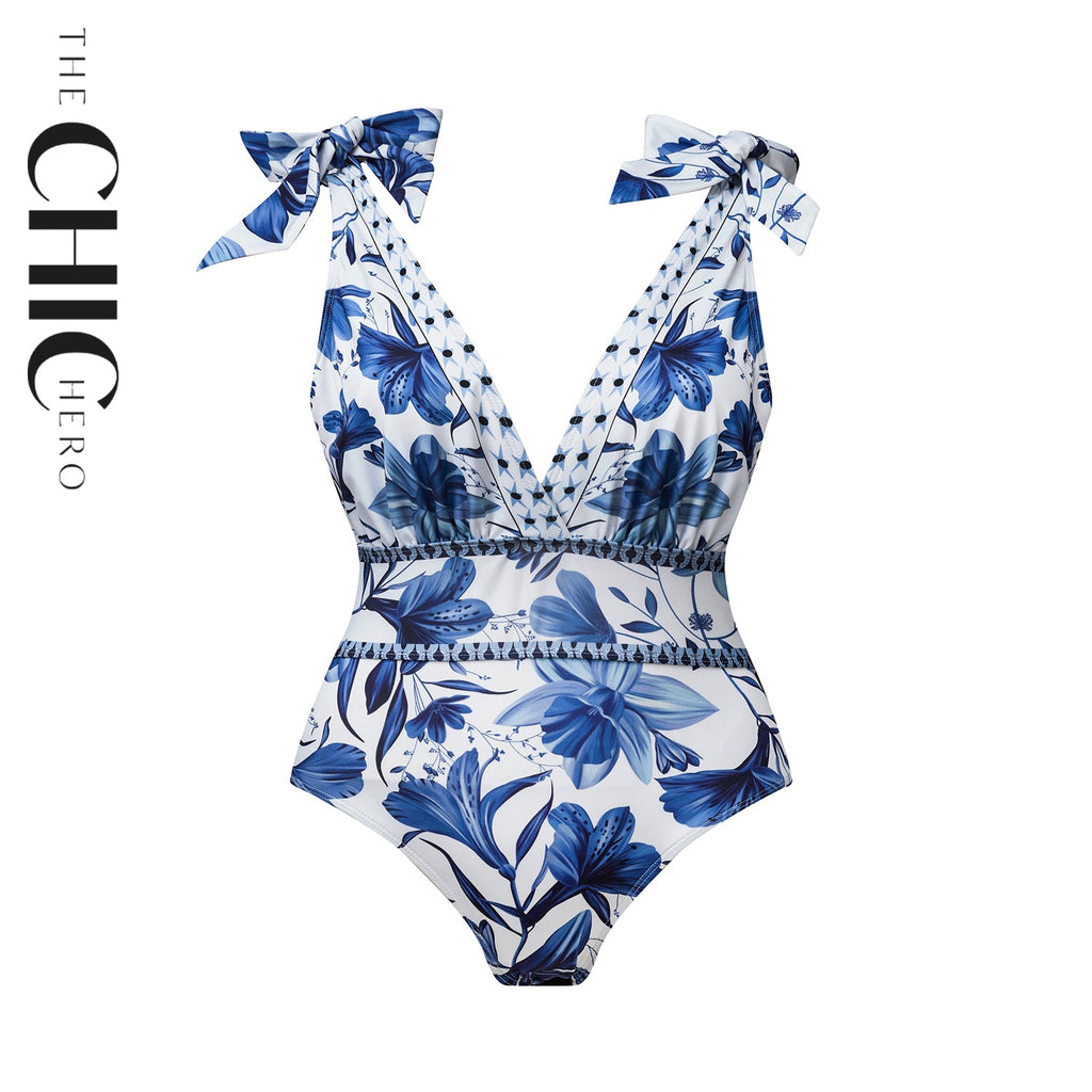 V Neck Lace Up Boho Breeze Blue Floral Swimsuit