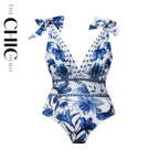 V Neck Lace Up Boho Breeze Blue Floral Swimsuit