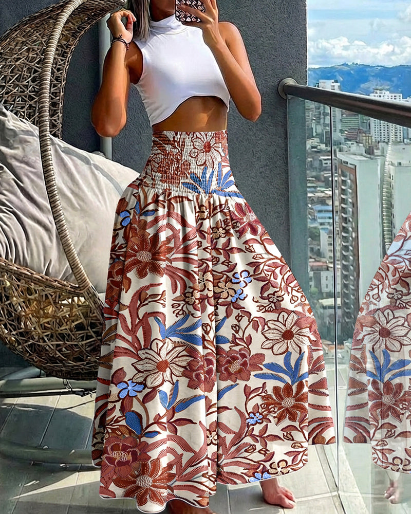 Vintage Floral Print High Waist Shirred Elastic Waist Wide Leg Pants