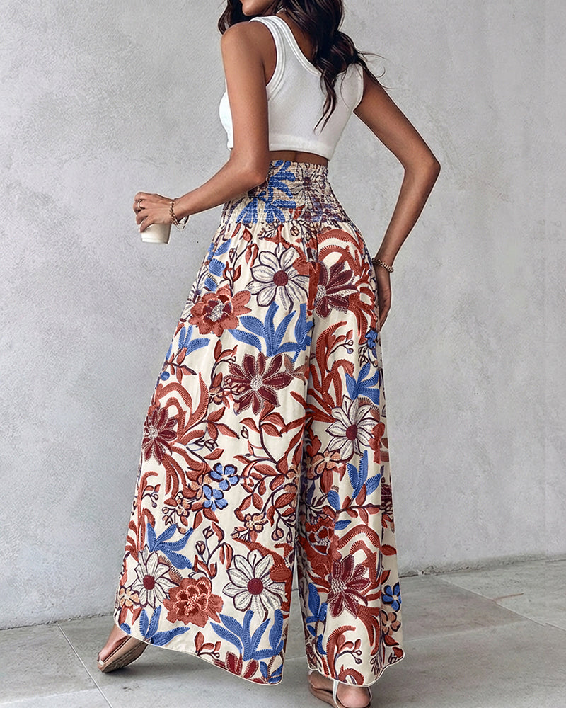 Vintage Floral Print High Waist Shirred Elastic Waist Wide Leg Pants