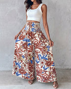 Vintage Floral Print High Waist Shirred Elastic Waist Wide Leg Pants