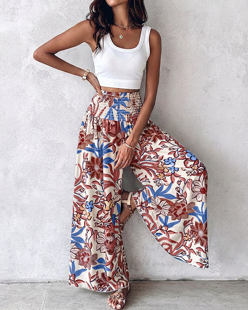 Vintage Floral Print High Waist Shirred Elastic Waist Wide Leg Pants
