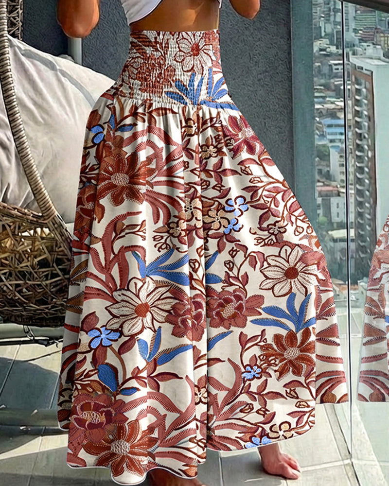 Vintage Floral Print High Waist Shirred Elastic Waist Wide Leg Pants