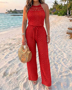 CHICME Women's Halter Tie Knit Jacquard Jumpsuit Hollow-Out Criss-Cross Front Wide-Leg Romper with Adjustable Drawstring Waist