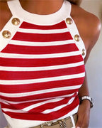 Striped Halter Sleeveless Tank Causal Golden Button Decor Breathable Knit Top